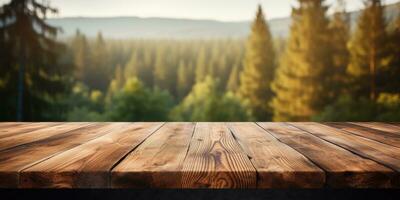 di legno tavolo per pubblicizzare prodotti. sfocato foresta sfondo. generativo ai foto