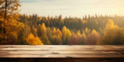 di legno tavolo contro il fondale di un autunno foresta, spazio per testo. generativo ai foto