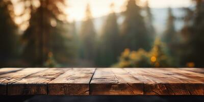 di legno tavolo su sfondo di un' abete rosso foresta. naturale di legno sfondo. generativo ai foto