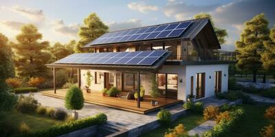 realistico design di un' moderno Casa con solare pannelli il tetto. verde energia. generativo ai foto