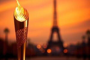 un' torcia con il iconico eiffel Torre come un' sbalorditivo fondale foto