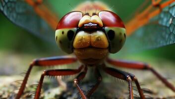 avvicinamento con grande dettaglio di il testa di un' libellula. ai generato foto