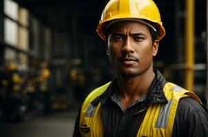 ai generativo ritratto di costruzione lavoratore, pompiere con giallo casco foto