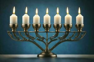 ai generativo menorah candela titolare con ardente candele, hanukkah simbolo sfondo, bandiera con copia spazio testo foto