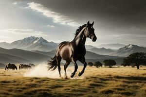 ai generativo cavallo in esecuzione nel natura selvaggia sfondo, animale bandiera con copia spazio testo foto