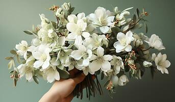 mano Tenere un' romantico mazzo di bianca fiori. ai generato foto