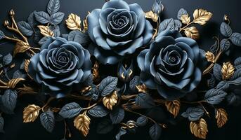 mazzo di nero Rose con d'oro petali. ai generato foto
