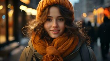 bellissimo donna indossare un' cappello e sciarpa nel autunno e sfocato sfondo foto