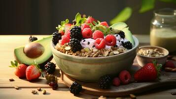 frullato, muesli, semi, fresco frutta nel un' ciotola. salutare prima colazione foto