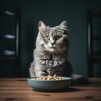 un' grigio dai capelli lunghi gatto è seduta, Là è un' ciotola di cibo nel davanti di lui. generativo ai foto