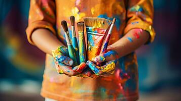 figli di mani Tenere un artistico pennello. misto colori. creare ai generato. foto