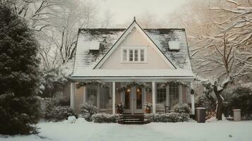 generativo ai, Casa davanti nel il inverno con Natale decorazione, ghirlanda e ghirlanda. neve accogliente stagione foto