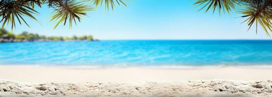 soleggiato spiaggia sabbia e alberi di il oceano. ai generato foto