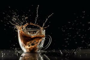 caffè spruzzo nel bicchiere tazza su nero fondo nero. ai generato foto