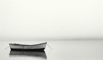 minimalista paesaggio di piccolo di legno barca isolato nel acqua con un' lotto di nebbia. ai generato foto