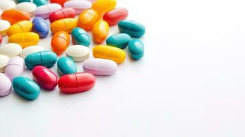 multicolore pillole su un' bianca sfondo. ai generativo foto