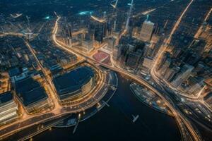 aereo Visualizza di un' paesaggio urbano a notte sfondo. ai generativo professionista foto