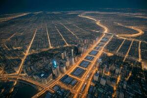 aereo Visualizza di un' paesaggio urbano a notte sfondo. ai generativo professionista foto
