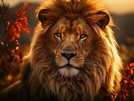 un' Leone nel il savana a tramonto, maschio Leone, re di il natura selvaggia generativo ai foto