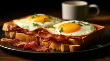 tostato pane con Bacon e fritte uovo ai generato foto