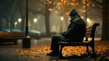 uno uomo seduta su panchina ai generato foto