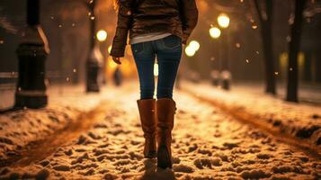 indietro Visualizza donna a piedi nel nevoso inverno notte ai generato foto