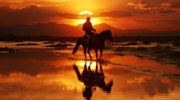 un' uomo cavalcate un' cavallo nel tramonto ai generato foto