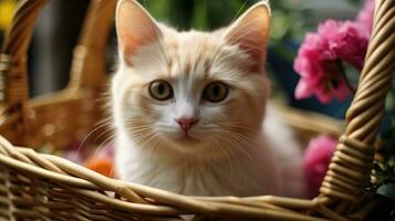 carino gattino seduta nel un' cestino ai generato foto