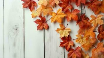 autunno le foglie su un' bianca di legno ai generato foto