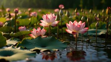 rosa loto fiorire nel il acqua ai generato foto