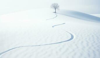 minimalista nevoso paesaggio con uno albero su un' collina. ai generato foto