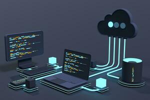 nube tecnologia calcolo concetto. moderno nube tecnologia. dati centro isometrico concetto. 3d nube tecnologia con Banca dati. ragnatela ospitando concetto. 3d interpretazione foto