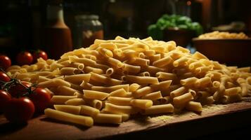 italiano pasta su di legno tavolo ai generato foto