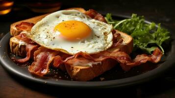 Bacon e fritte uovo su un' tostato pane ai generato foto