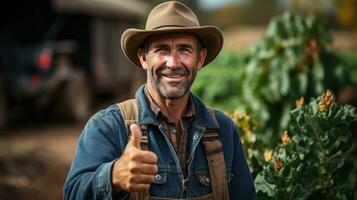 contadino mostrando pollice su nel azienda agricola ai generato foto