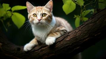 gatto su albero ramo ai generato foto