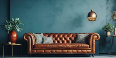Vintage ▾ vivente camera interno avere divano con verde parete sfondo di generativo ai foto