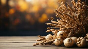 festivo autunno arredamento a partire dal fiore e le foglie su un' bianca di legno sfondo di generativo ai foto