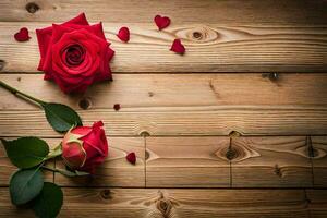 Due rosso Rose su un' di legno tavolo. ai-generato foto