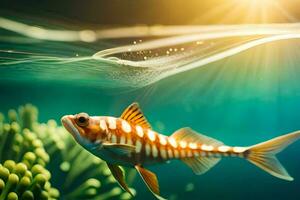 un' pesce nuoto nel il oceano con luce del sole splendente. ai-generato foto