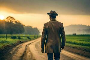 un' uomo nel un' cappello e cappotto passeggiate giù un' sporco strada. ai-generato foto