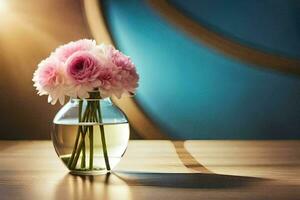rosa fiori nel un' vaso su un' tavolo. ai-generato foto