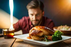 un' uomo è guardare a un' piatto di cibo con un' candela. ai-generato foto