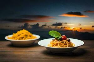 spaghetti e riso nel un' ciotola con un' tramonto nel il sfondo. ai-generato foto