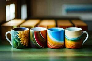 cinque colorato caffè tazze seduta su un' tavolo. ai-generato foto