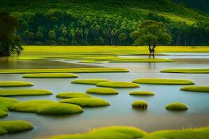 un' campo di verde erba con alberi e acqua. ai-generato foto