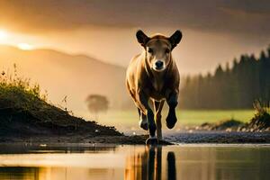 un' mucca a piedi attraverso un' fiume a tramonto. ai-generato foto