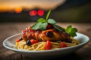 un' piatto di spaghetti con carne e verdure. ai-generato foto