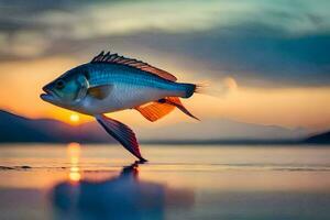 un' pesce è salto su di il acqua a tramonto. ai-generato foto