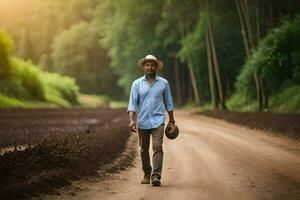 un' uomo nel un' cappello passeggiate giù un' sporco strada. ai-generato foto